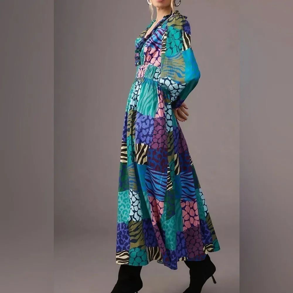 Anthropologie Geisha Designs Long-Sleeve Printed Maxi Dress Size Small - Picture 2 of 8